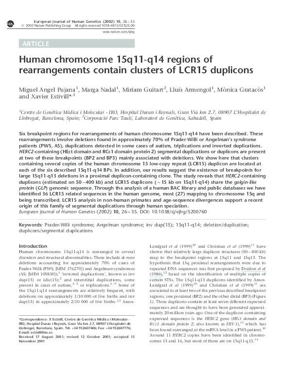 (PDF) Human chromosome 15q11-q14 regions of rearrangements contain ...