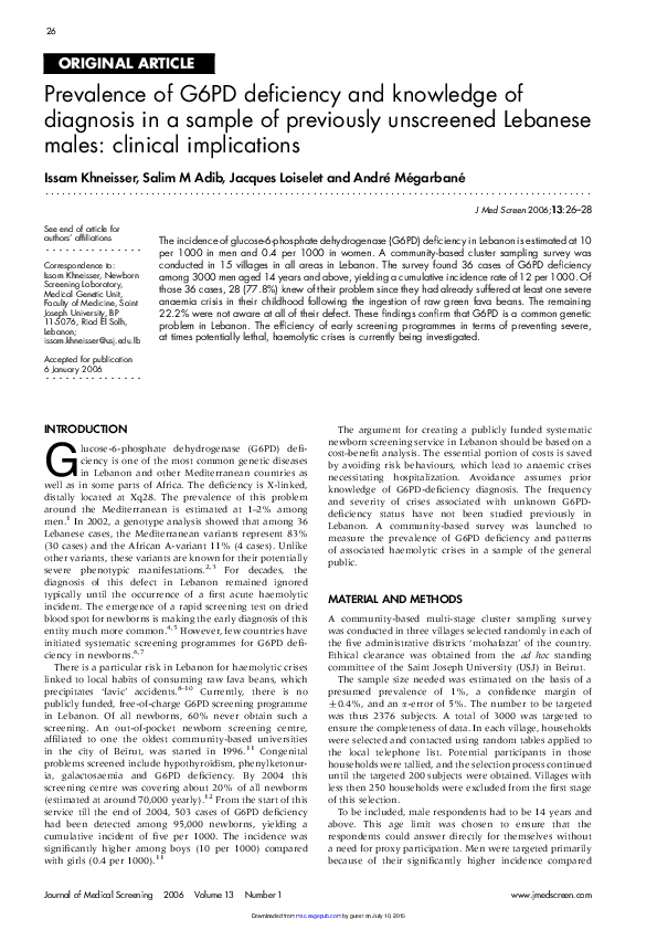 (PDF) Prevalence of G6PD deficiency and knowledge of diagnosis in a