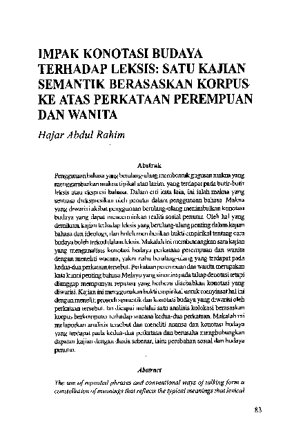 Pdf Impak Konotasi Budaya Terhadap Leksis Satu Kajian Semantik Berasaskan Korpus Ke Atas Perkataan Perempuan Dan Wanita Hajar Abdul Rahim Academia Edu