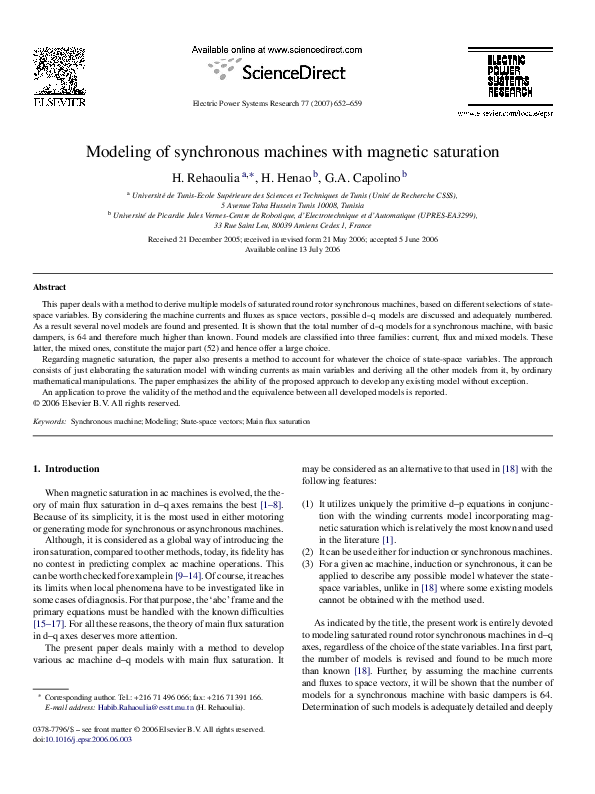 (PDF) Modeling of synchronous machines with magnetic saturation
