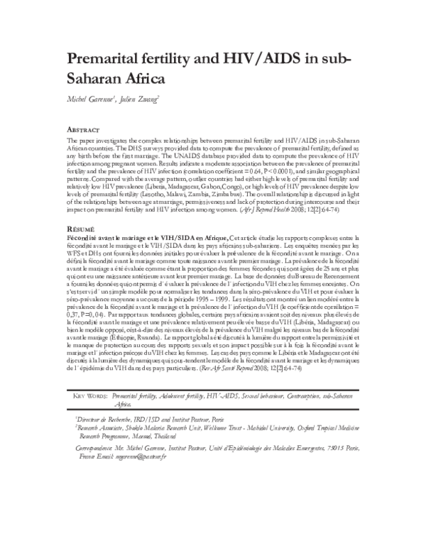 (PDF) Premarital fertility and HIV/AIDS in sub-Saharan Africa