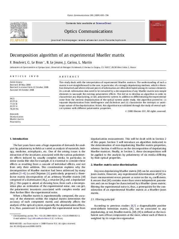 (PDF) Decomposition algorithm of an experimental Mueller matrix
