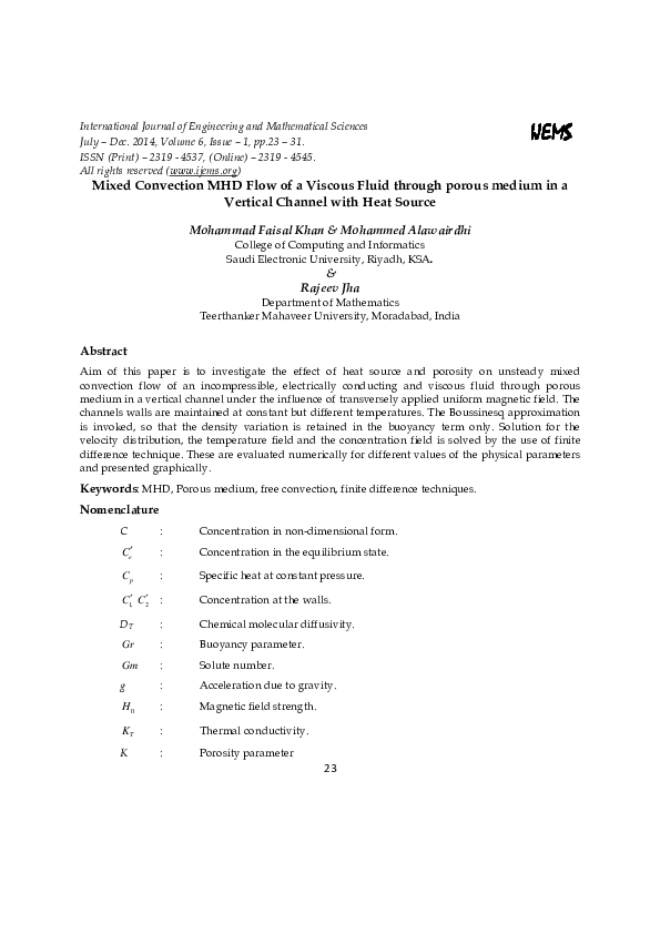 (PDF) IJEMS IJEMS IJEMS IJEMS Mixed Convection MHD Flow of a Viscous ...