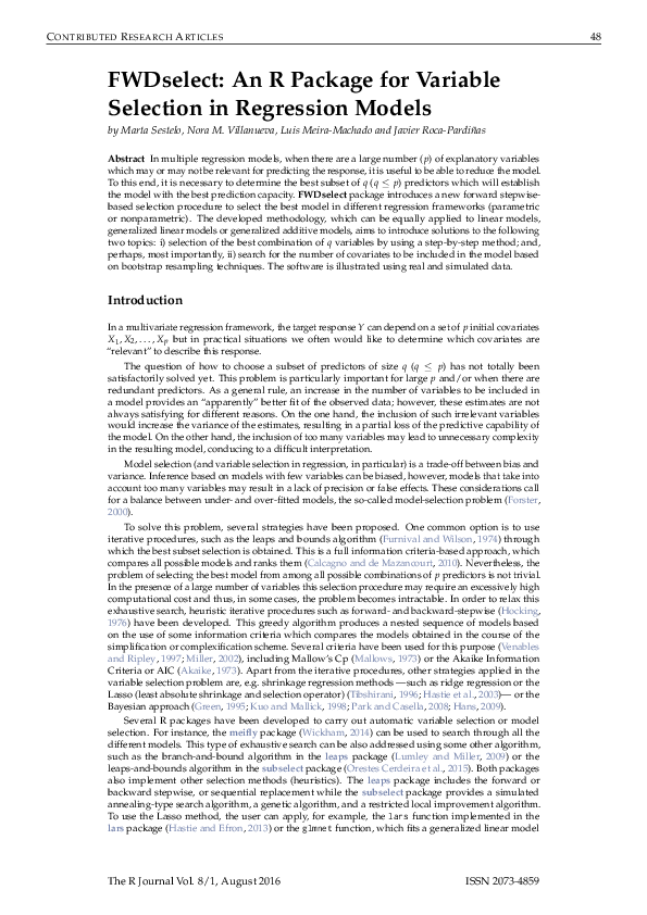 (PDF) FWDselect: An R Package for Variable Selection in Regression Models