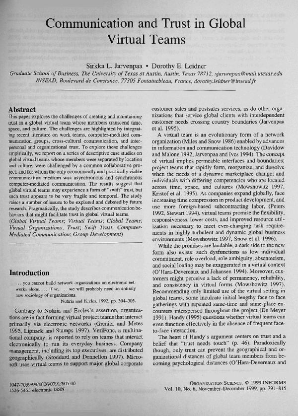 (PDF) Communication and Trust in Global Virtual Teams