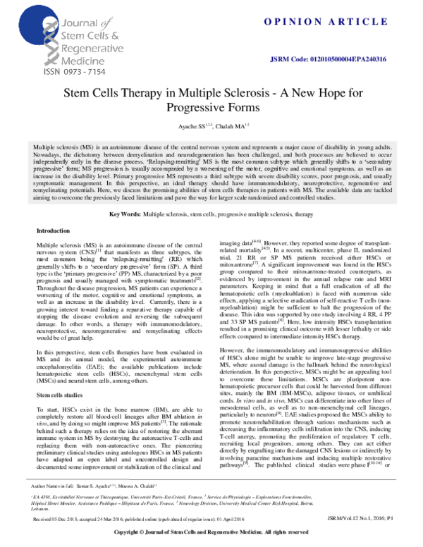 (PDF) Stem Cells Therapy in Multiple Sclerosis -A New Hope for ...