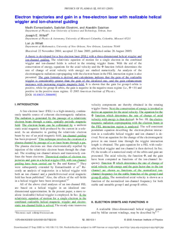 (PDF) Electron trajectories and gain in free electron laser with ion ...