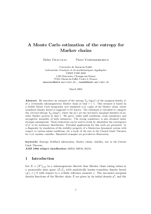 (PDF) A Monte Carlo Estimation of the Entropy for Markov Chains
