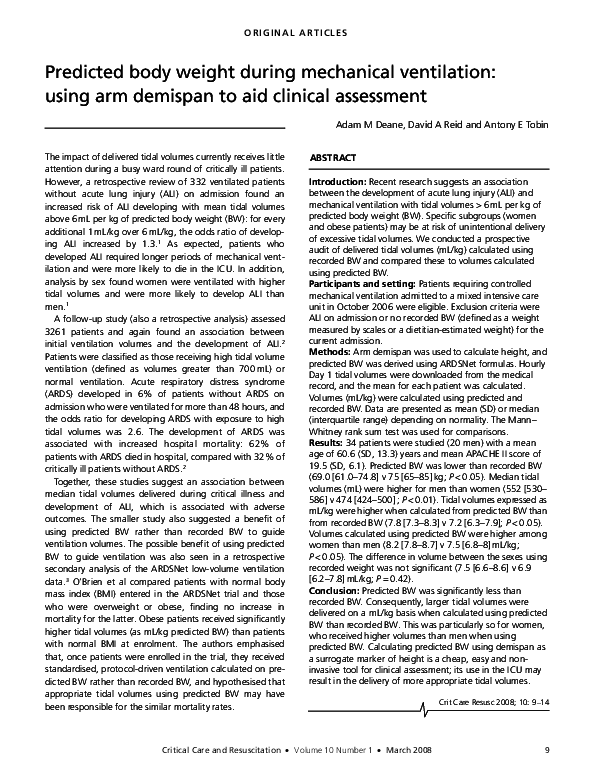 (PDF) Predicted body weight during mechanical ventilation using arm