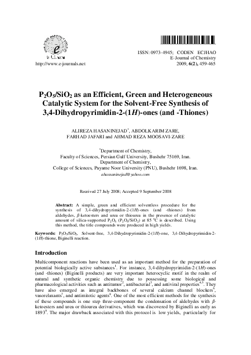 (PDF) P2O5/SiO 2 as an Efficient, Green and Heterogeneous Catalytic ...