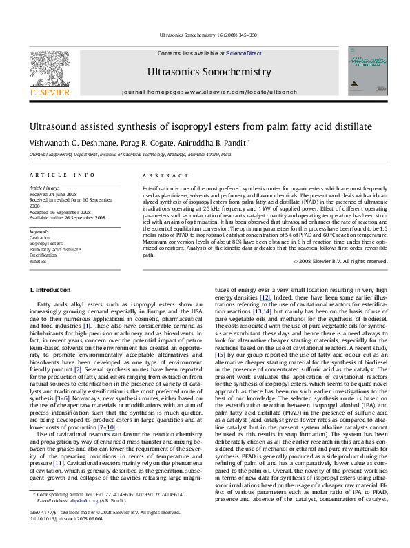 (PDF) Ultrasound assisted synthesis of isopropyl esters from palm fatty ...