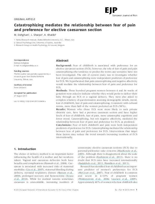 (PDF) Catastrophizing mediates the relationship between fear of pain ...