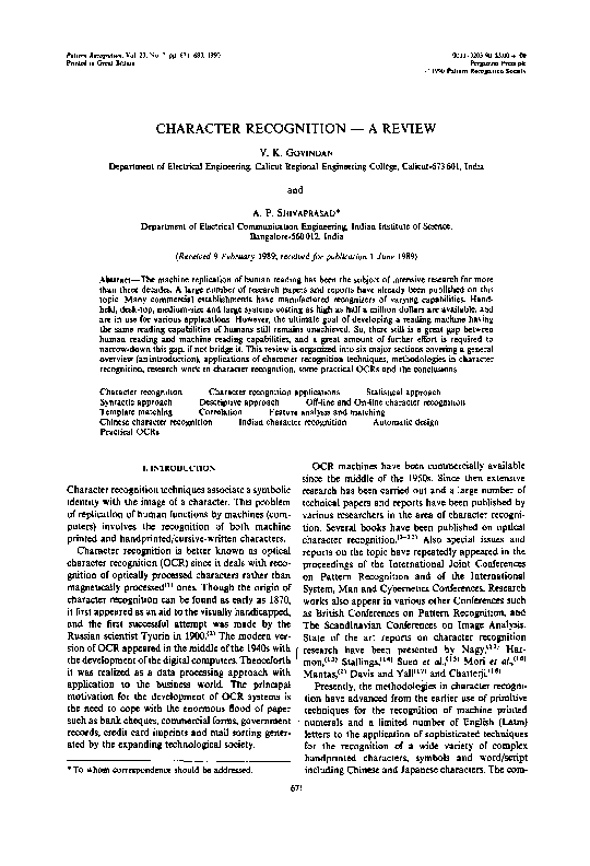 (PDF) Character recognition - A review