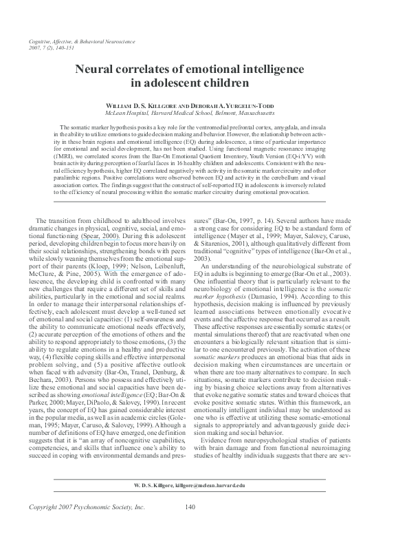 (PDF) Neural correlates of emotional intelligence in adolescent children