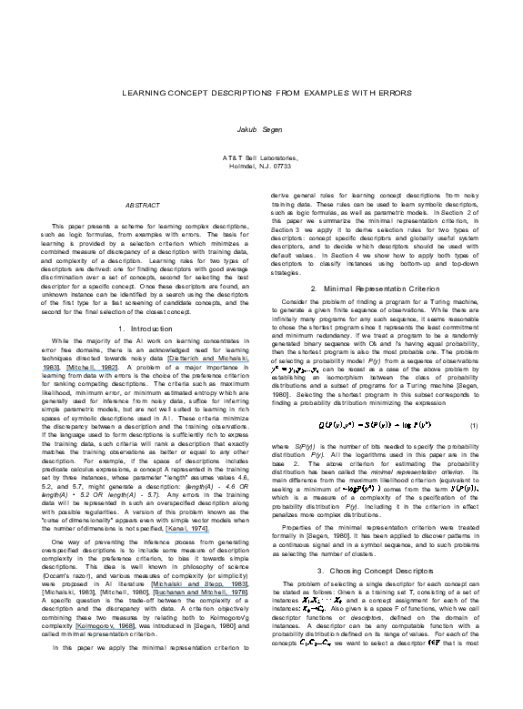 (PDF) Learning Concept Descriptions from Examples with Errors
