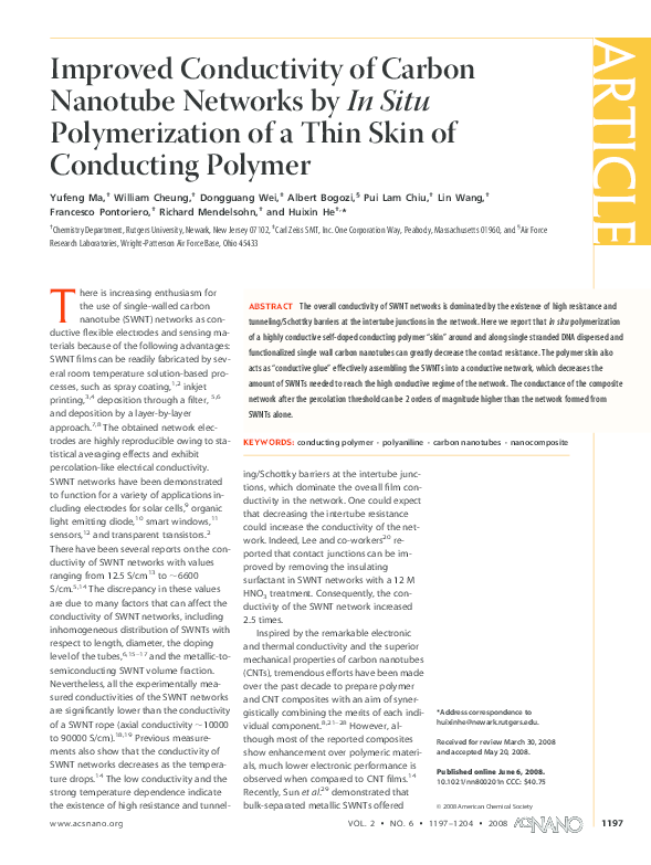 (PDF) Improved Conductivity of Carbon Nanotube Networks by In Situ ...