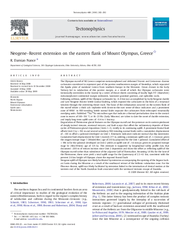 Neogene–Recent extension on the eastern flank of Mount Olympus, Greece