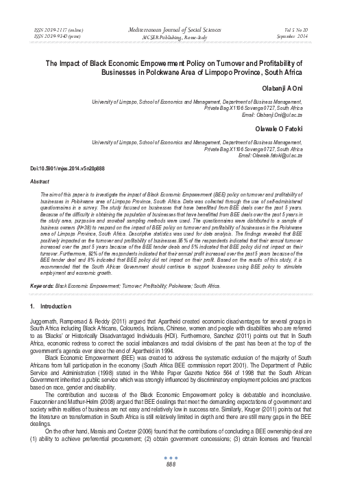 (PDF) The Impact of Black Economic Empowerment Policy on Turnover and ...