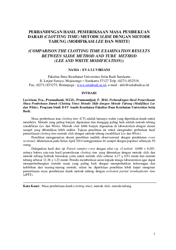 (PDF) PERBANDINGAN HASIL PEMERIKSAAN MASA PEMBEKUAN DARAH (CLOTTING