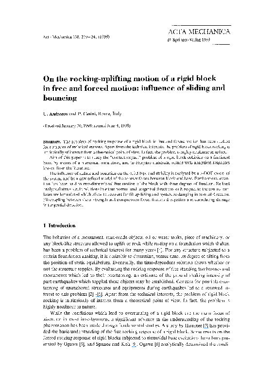 (PDF) On the rocking-uplifting motion of a rigid block in free and ...