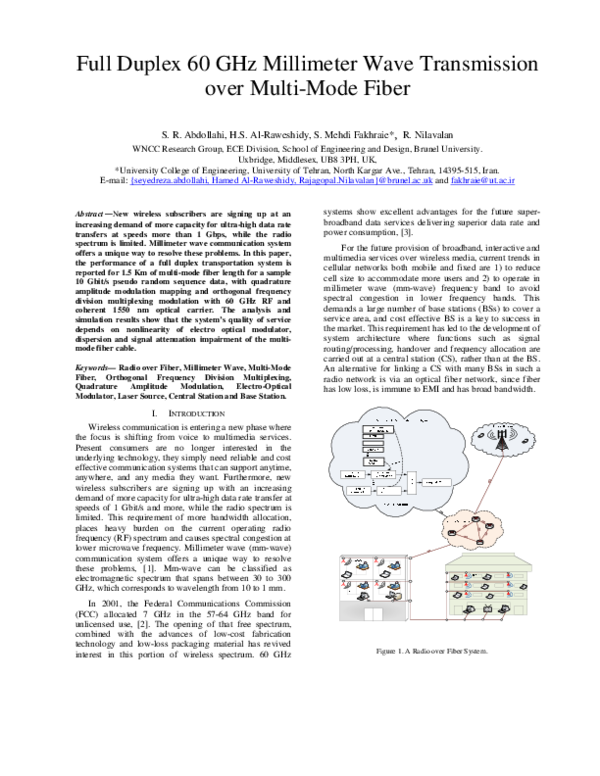 (PDF) Full duplex 60 GHz millimeter wave transmission over multi-mode fiber