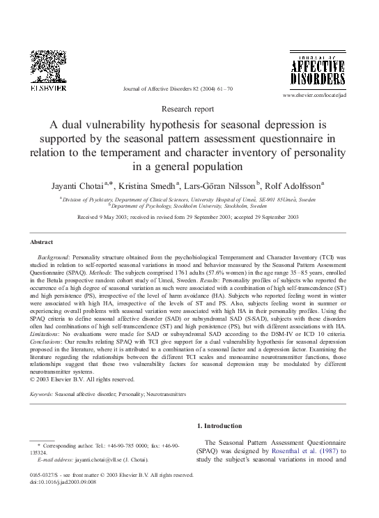 (PDF) A dual vulnerability hypothesis for seasonal depression is