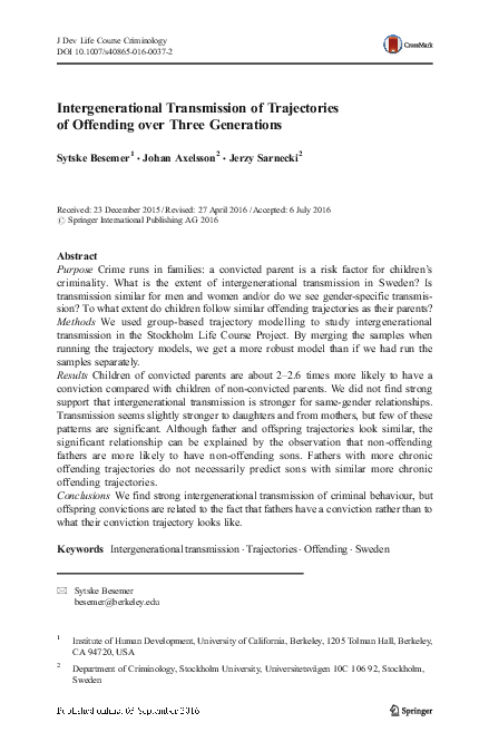 Intergenerational transmission of trajectories of offending over three ...