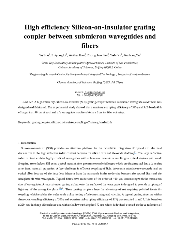 (PDF) High efficiency SilicononInsulator grating coupler based on a