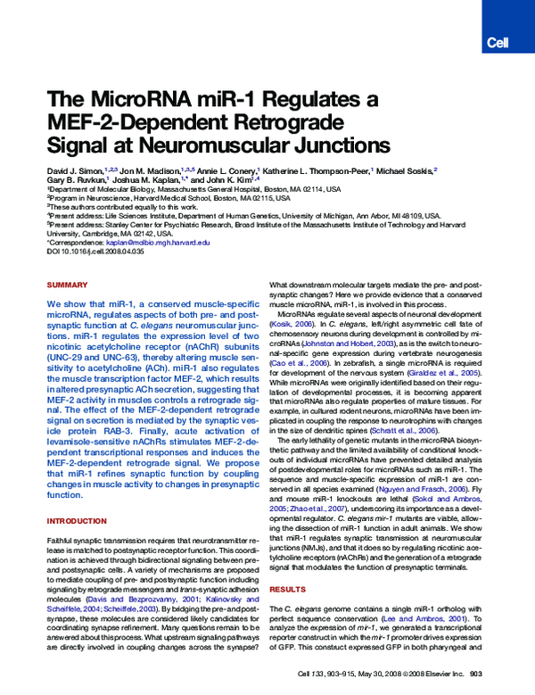 (PDF) The MicroRNA miR1 Regulates a MEF-2Dependent Retrograde Signal at ...