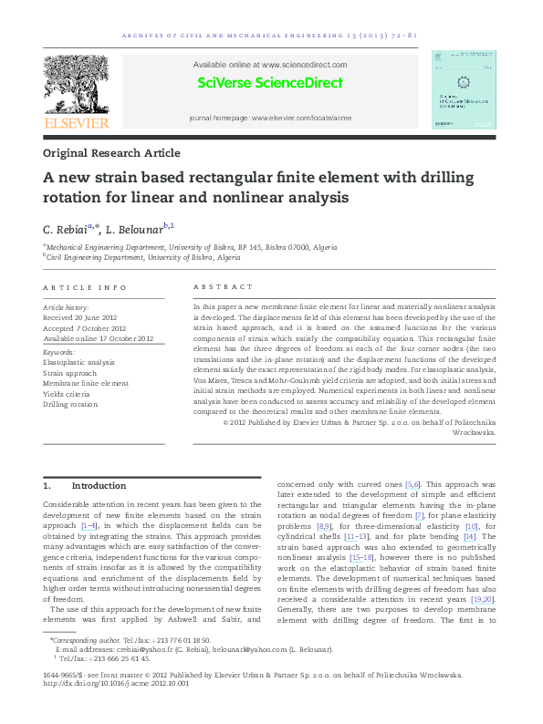 (PDF) A new strain based rectangular finite element with drilling ...