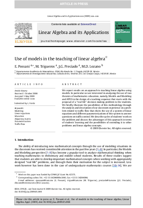 (PDF) Use of models in the teaching of linear algebra