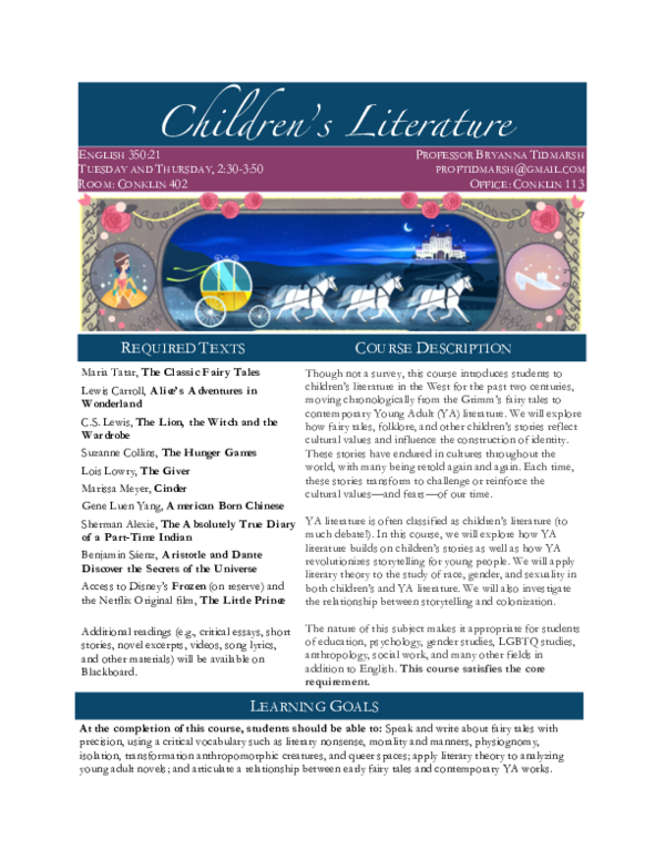 (PDF) Children's Literature Syllabus Fall 2016 Bryanna Tidmarsh