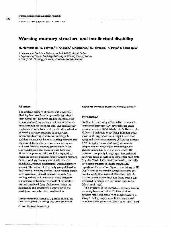 (PDF) Working memory structure and intellectual disability
