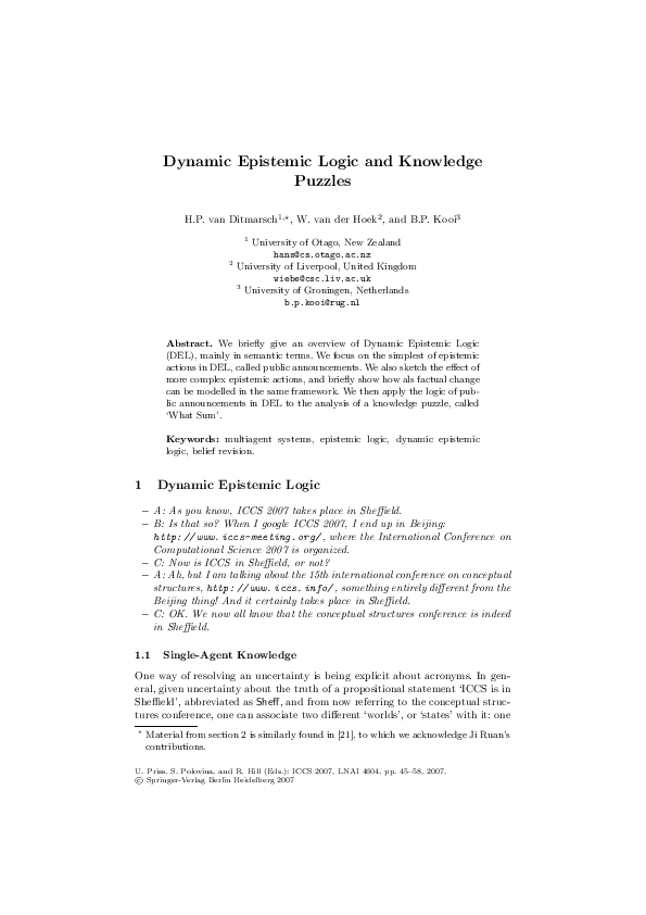 Pdf Dynamic Epistemic Logic And Knowledge Puzzles