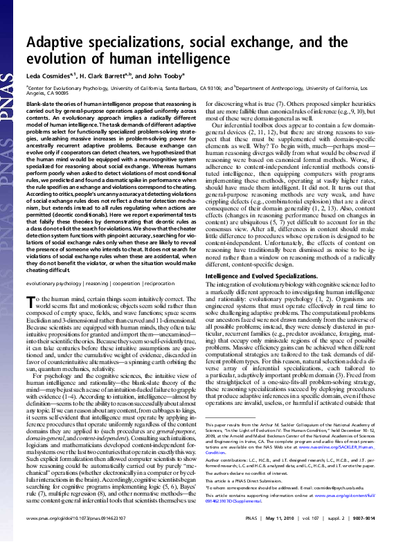 (PDF) Adaptive specializations, social exchange, and the evolution of ...