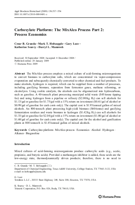 (PDF) Carboxylate Platform: The MixAlco Process Part 2: Process Economics