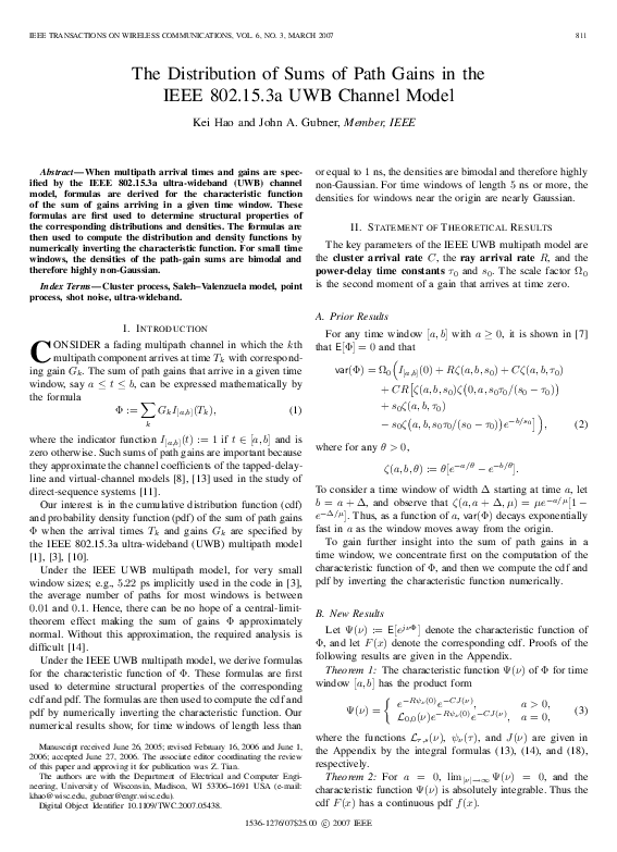 (PDF) The Distribution of Sums of Path Gains in the IEEE 802.15.3a UWB ...