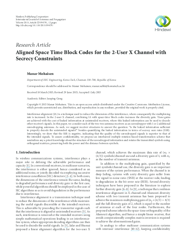(PDF) Aligned Space Time Block Codes for the 2-User X Channel with ...