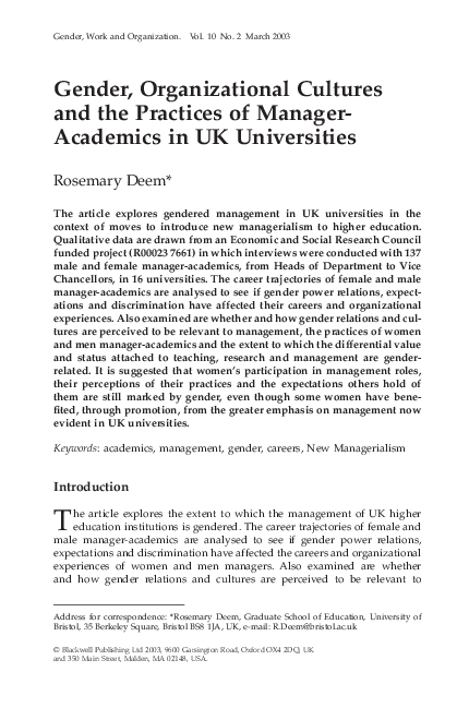 (PDF) Gender, Organizational Cultures and the Practices of Manager ...