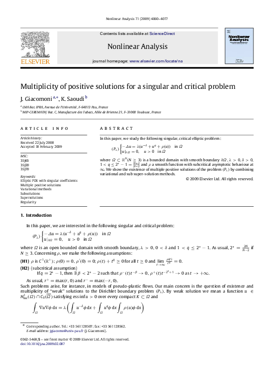 (PDF) Multiplicity of positive solutions for a singular and critical ...