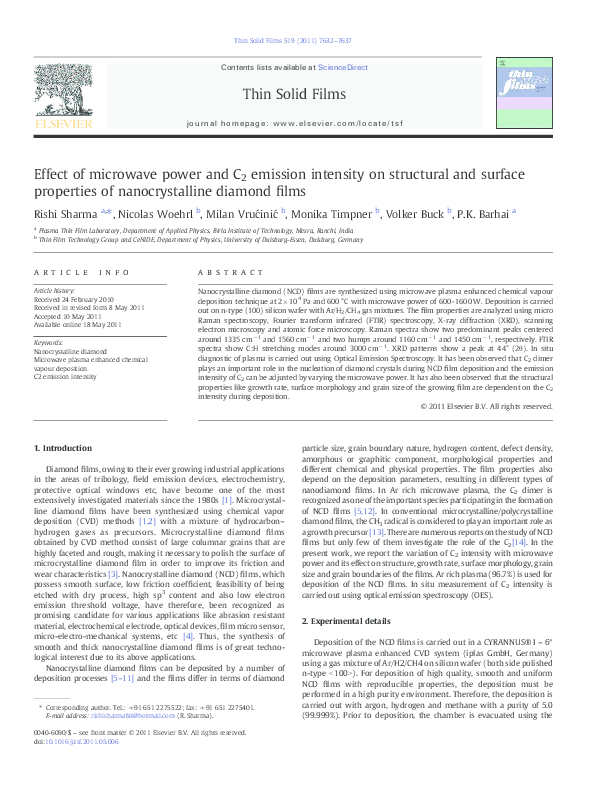 (PDF) Effect of microwave power and C 2 emission intensity on ...