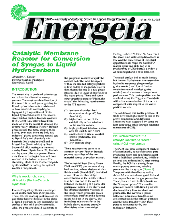 (PDF) Catalytic membrane reactor for conversion of syngas to liquid ...