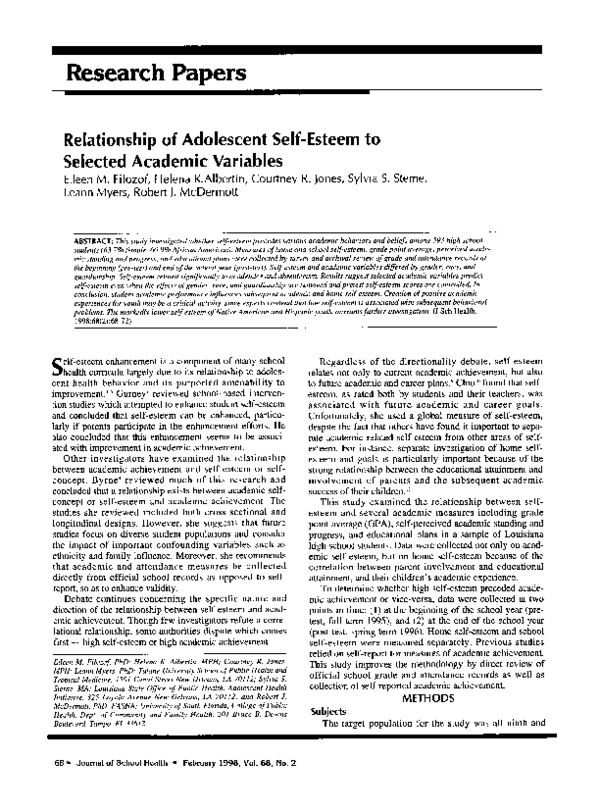 Pdf Relationship Of Adolescent Self Esteem To Selected Academic Variables