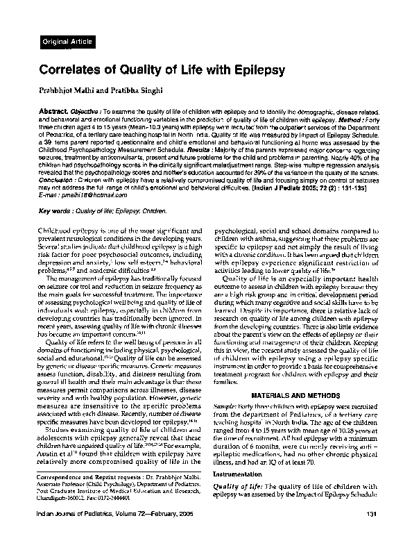 (PDF) Correlates of quality of life with epilepsy