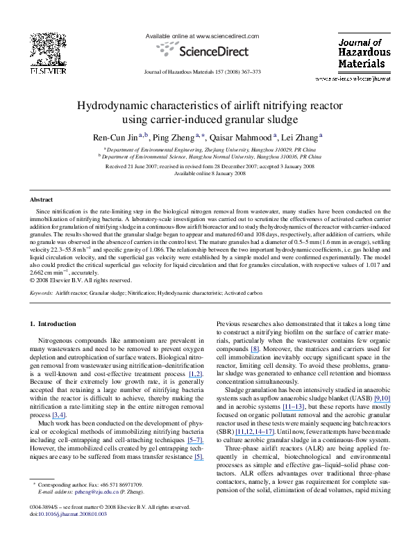 (PDF) Hydrodynamic characteristics of airlift nitrifying reactor using ...