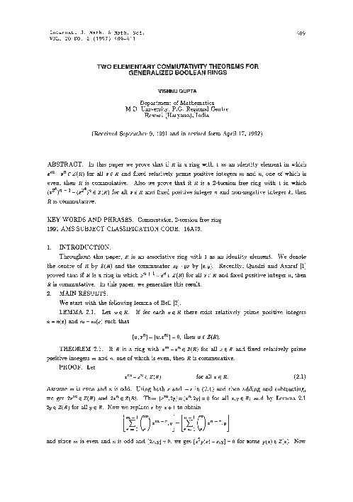 (PDF) Two elementary commutativity theorems for generalized boolean rings