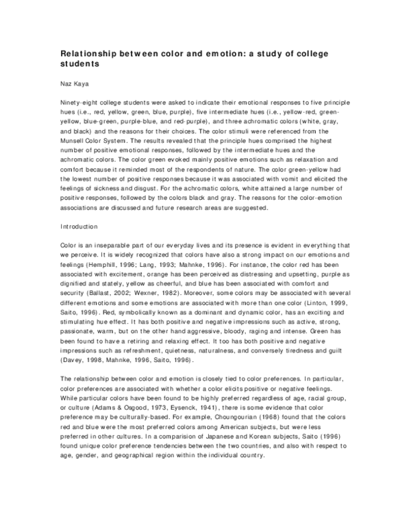 (PDF) Relationship between color and emotion: a study of college students