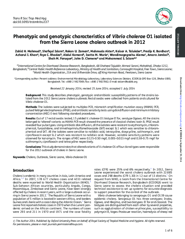 (PDF) Phenotypic and genotypic characteristics of Vibrio cholerae O1 ...