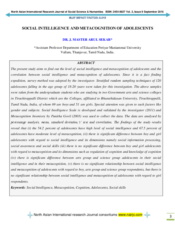(PDF) SOCIAL INTELLIGENCE AND METACOGNITION OF ADOLESCENTS