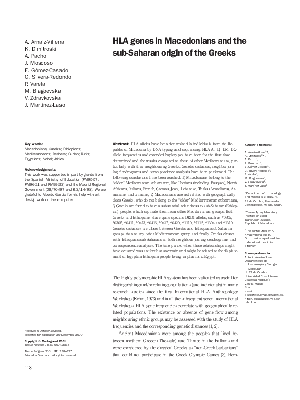 (PDF) HLA genes in Macedonians and the subSaharan origin of the Greeks